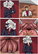 drawing white_hair vore horns comic color glasses red_eyes shrunken_man internal_view in_drink helltaker site2019 pandemonica_(helltaker)
