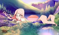 drawing gentle giantess color green_eyes pink_hair mountains lake looking_at_tiny nessie skirtzzz tailfin