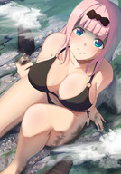 bikini drawing giantess blushing giga city color destruction blue_eyes cleavage huge_breasts pink_hair sitting hand_crush looking_at_viewer thick_thighs bare_legs foot_prints lien_57 kaguya_sama_love_is_war chika_fujiwara