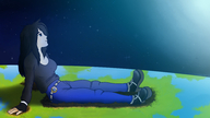 drawing giantess earth giga space black_hair color destruction blue_eyes planet sitting unosdays sitting_on_planet fedextreme cosmic_giantesses zaphire