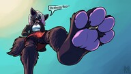 drawing white_hair feet furry anthro upskirt color long_hair clothed text toes barefoot soles hyena low_angle smiling paws foot_crush looming collar looking_down jewelry toe_ring point_of_view looking_at_viewer raised_foot dialogue imminent_crush paw_pads multicolored_hair soraime-the-questionable soraime angrydoggo