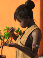 clothed handheld brunette shrunken_men dark_skin jewelry between_fingers sideboob bangs in_palm looking_at_tiny digital_render hair_bun vorifax