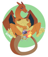 drawing giantess insertion nude tail wings color large_breasts fire legs_spread charizard no_background orange_skin seamen