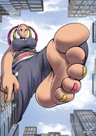 drawing pokemon feet city mega color destruction clothed toes barefoot buildings soles anime low_angle pink_hair foot_crush pigtails looming looking_down outdoors nail_polish point_of_view looking_at_viewer raised_foot imminent_crush multicolored_hair plumeria luckyboyfeet