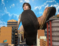 giantess city clothed buildings brunette short_hair boots sitting vehicles outdoors resident_evil looking_away legs_crossed digital_render rebecca_chambers piedzilla