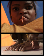 nude feet vore clothed toes barefoot brunette low_angle brown_eyes foot_worship shrunken_men looking_down inside_mouth dark_skin foot_slave jewelry ankle_bracelet bangs digital_render vorifax