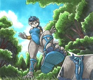 drawing feet furry wolf anthro color blue_eyes clothed bat toes blue_hair low_angle in_shoe paws ponytail sandals surprised sonic_the_hedgehog shrunken_man looking_down grass trapped between_toes straps outdoors jewelry mohawk braid trees leotard raised_foot wolfess cutaway lupe_the_wolf ewgengster