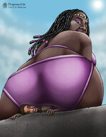 drawing black_hair color long_hair butt clothed butt_crush low_angle smiling sitting dragonesslife shrunken_man cruel dark_skin outdoors dreadlocks looking_back pain under_butt skimpy_clothing looking_at_tiny sitting_on_tiny