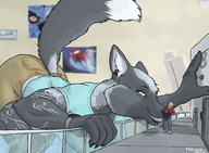 drawing gentle giantess furry tail anthro color large_breasts butt clothed fox yellow_eyes smiling shorts bending_over hugging standing indoors tattoo sharp_teeth looking_at_tiny bare_legs holmen nuzzle earpiece utoverse hetzer integration_(universe)