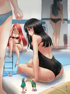 bikini drawing gentle giantess black_hair color long_hair barefoot cleavage water playful red_eyes green_hair red_hair shrunken_men pool shrunken_people shrunken_woman giantesses swimming nail_polish tinies semi_nude swimwear swimming_pool surfboard bare_legs bare_midriff kuroihassan skimpy_clothes bare_thighs bikinies