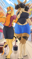 drawing furry dragon color large_breasts cerberus shorts walking giantesses indoors mall thick_thighs extra_heads its-holt