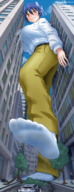 drawing giantess feet blushing city color large_breasts destruction clothed toes buildings soles anime red_eyes blue_hair angry low_angle embarrassed socks foot_crush looking_down foot_print accident vehicles outdoors trees raised_foot crowds vehicle_crush between_buildings bangs aoigai nisekoi tsugumi_seishiro