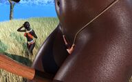 black_hair clothed tree bondage shrunken_man grass dark_skin outdoors african native digital_render human_panties human_clothing kyliegod