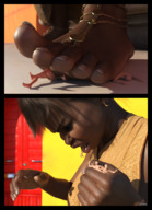 feet vore clothed handheld toes barefoot angry brunette shrunken_men foot_crush looking_down open_mouth inside_mouth dark_skin outdoors under_foot jewelry ankle_bracelet panels bangs on_tongue looking_at_tiny digital_render vorifax