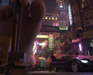 giantess feet city black_hair clothed toes barefoot buildings soles asian uniform vehicles outdoors stuck bangs cramped looking_at_tiny digital_render bare_legs bare_midriff stronggirlstory