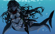 drawing giantess tail black_hair color large_breasts long_hair anime red_eyes mermaid smiling underwater looming unaware swimming diver monster_girl looking_at_tiny shark_girl fins bare_midriff monster_girl_encyclopedia zakirsiz
