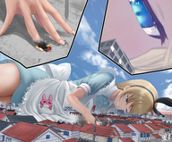 drawing giantess city blonde color destruction blue_eyes lying_down finger_crush point_of_view tomoshib 灯