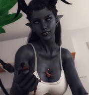 horns black_hair long_hair clothed handheld demon smiling succubus shrunken_men demoness blue_skin trapped indoors fist jewelry monster_girl struggling looking_at_tiny white_eyes pointed_ears digital_render between_breasts innocent_owl