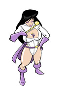 breasts drawing giantess mega blonde black_hair color large_breasts long_hair cleavage superhero gloves boots shrunken_woman mask thighs costume lois_lane closed_eyes cape belt leotard hands_on_hips power_girl huntress no_background selina_kyle inspector97 dc_comics bare_legs between_breasts fusion