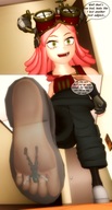 feet long_hair clothed toes soles sequence low_angle insole yellow_eyes smiling in_shoe story pink_hair walking unaware shrunken_man trapped indoors under_foot goggles see_through panels digital_render my_hero_academia mei_hatsume izuku_midoriya haro-haze