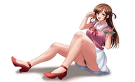 drawing upskirt color high_heels brunette brown_eyes sitting shrunken_man between_fingers looking_at_viewer no_background kuroihassan