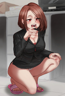 drawing vore upskirt color handheld cleavage red_eyes brunette kneeling sandals shrunken_people kuroihassan