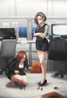 drawing color handheld cleavage high_heels red_eyes blood brunette kneeling sandals foot_crush shrunken_people looking_down grey_hair kuroihassan