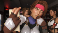 gentle armor clothed handheld brunette final_fantasy tifa gloves ponytail aerith_gainsborough kissing phone shrunken_man cloud indoors winking digital_render selfie mundogts jessica_rasberry