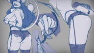 drawing monochrome large_breasts long_hair clothed anime stockings smiling thong shorts collar shrunken_woman trapped cow_girl looking_back sideboob in_pocket no_background skimpy_clothing kononiko cutaway clothing_entrapment