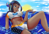 drawing giantess pokemon mega color large_breasts clothed water ocean sitting legs shorts cruise_ship clouds thighs outdoors ships multicolored_hair gtsleuth bare_midriff pokemon_sword_and_shield nessa_(pokemon)