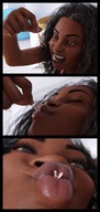 nude feet vore blonde black_hair long_hair handheld toes soles sequence high_angle low_angle brown_eyes smiling ponytail shrunken_woman open_mouth inside_mouth dangle dark_skin indoors curly_hair closed_eyes licking_lips panels imminent_vore looking_at_tiny digital_render vorifax