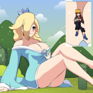 breasts drawing gentle giantess blushing upskirt blonde color long_hair butt blue_eyes clothed cleavage dress sitting nintendo crown thighs outdoors herretik bare_legs princess_rosalina between_breasts nightingale122 leon_takayashi