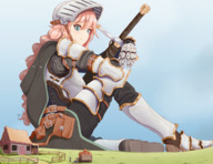 drawing gentle giantess blushing giga blonde color long_hair armor blue_eyes clothed sword knight smiling pink_hair gloves ponytail boots sitting looking_down houses outdoors sky birds braid farmer relaxing farmland gauntlets pumpkins looking_at_tinies ncmares yohomeboync yohomeboyraps raps knightess armoured