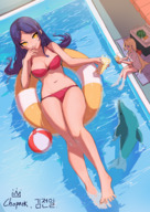 drawing gentle giantess blonde color long_hair barefoot cleavage purple_hair yellow_eyes drink pool dolphin chopark