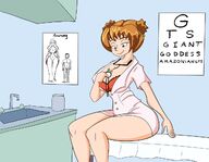 drawing gentle color bra brunette brown_eyes sitting shrunken_man indoors stethoscope between_breasts idooodlestuff