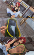 feet long_hair clothed toes barefoot cleavage soles green_eyes touhou angry low_angle insole in_shoe red_hair sitting trapped shrunken_person indoors under_foot smelly flats braid raised_foot see_through panels hong_meiling shoe_insertion 5nbe digital_render bare_midriff