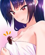 drawing gentle color cleavage red_eyes blue_hair brunette embarrassed shrunken_woman towel looking_at_tiny between_breasts sellel