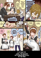 drawing comic color large_breasts clothed brunette brown_eyes mini_giantess maid_uniform intimidation servant uru bullying armwrestling