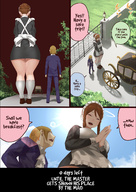 drawing comic color large_breasts clothed brunette brown_eyes mini_giantess maid_uniform intimidation servant uru bullying