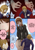 drawing comic color large_breasts clothed brunette brown_eyes mini_giantess looming looking_down maid_uniform intimidation servant uru bullying