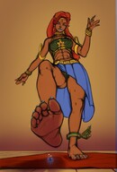 drawing panties feet upskirt color long_hair toes barefoot skirt soles red_hair foot_crush muscles looming abs shrunken_man looking_down dark_skin jewelry toe_ring nail_polish raised_foot imminent_crush no_background looking_at_tiny pointed_ears the_legend_of_zelda kononiko link_(the_legend_of_zelda) urbosa_(the_legend_of_zelda)