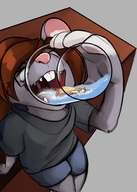 drawing vore furry anthro blonde color male clothed glasses brunette fox high_angle mouse glass kitsune shrunken_woman open_mouth swimming drinking imminent_vore struggling t-bone looking_at_tiny robomax lirakitsune shingo_mercer