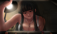 drawing black_hair color long_hair clothed cleavage anime red_eyes smiling bondage shrunken_people looking_down trapped indoors box looking_at_victims bangs in_box human_jewelry kuroihassan