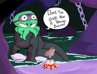 drawing giantess anthro color large_breasts clothed water sitting fire humor cave coffee chains monster_girl dialogue green_skin mug cult looking_at_tinies cthulhu-ette slugmanoctavio3 sleep_mask
