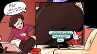 drawing color butt brunette shrunken_person milf looking_back dialogue hilda_(series) alfur slugmanoctavio3 johanna_(hilda)