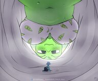 drawing blushing color large_breasts clothed cleavage bra blue_hair sweat smiling navel underboob blue_skin shrunken_woman all_fours no_background green_skin looking_at_tiny steven_universe lapis_lazuli peridot clothing_entrapment lewdssonk