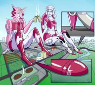 breasts drawing giantess giga city alien color robot destruction smiling sitting worship giantesses outdoors closed_eyes transformers arcee cutaway titantigress elita-1
