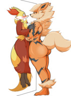 drawing pokemon nude furry blushing tail anthro color large_breasts long_hair butt handheld barefoot brown_eyes mini_giantess standing orange_eyes arcanine thick_thighs no_background delphox bare_legs bare_midriff danonymous13