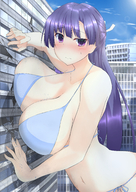 bikini drawing giantess blushing city color destruction cleavage purple_hair huge_breasts breast_crush purple_eyes looking_at_viewer 神代皐月