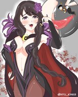 drawing giantess vore color long_hair tongue cleavage saliva brunette purple_eyes open_mouth dangle between_fingers rezero nyu_kinks